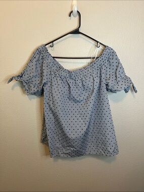 CeCe Off Shoulder Embroidered Gingham Top Blue Size XL